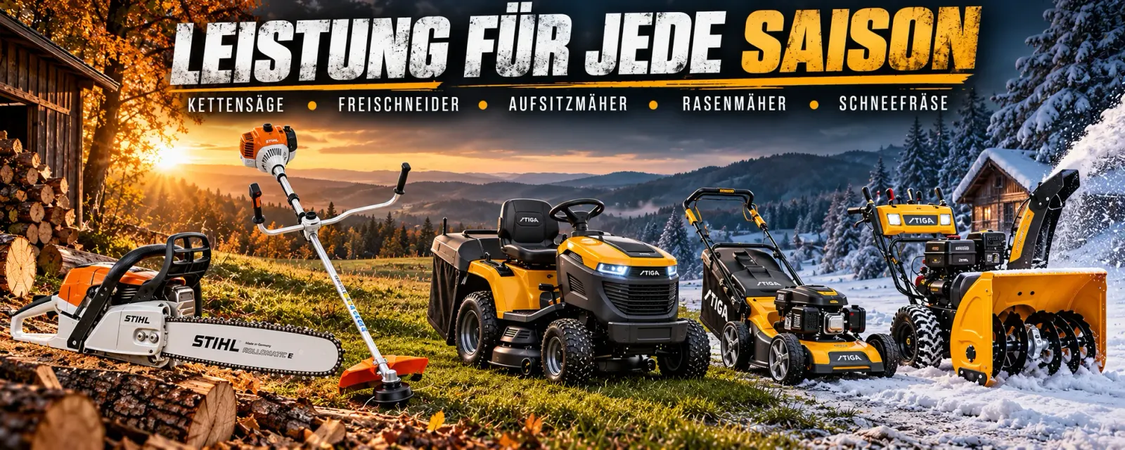 Leistung für jede Saison: Kettensäge, Freischneider, Aufsitzmäher, Rasenmäher und Schneefräse vor einer Landschaft, die vom Herbst in den Winter übergeht.